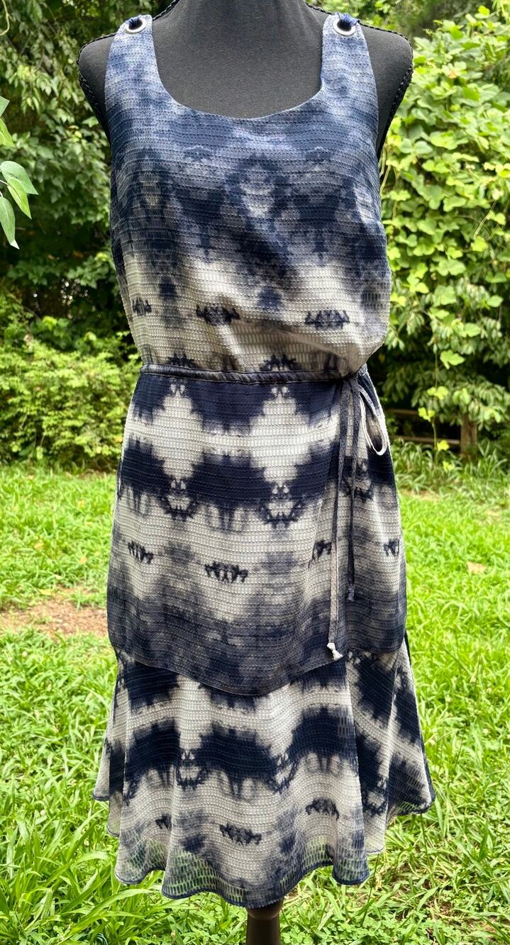 Libby Edelman Blue Tie Dye Ikat Textured Midi Dress XS Boho Coastal Resort